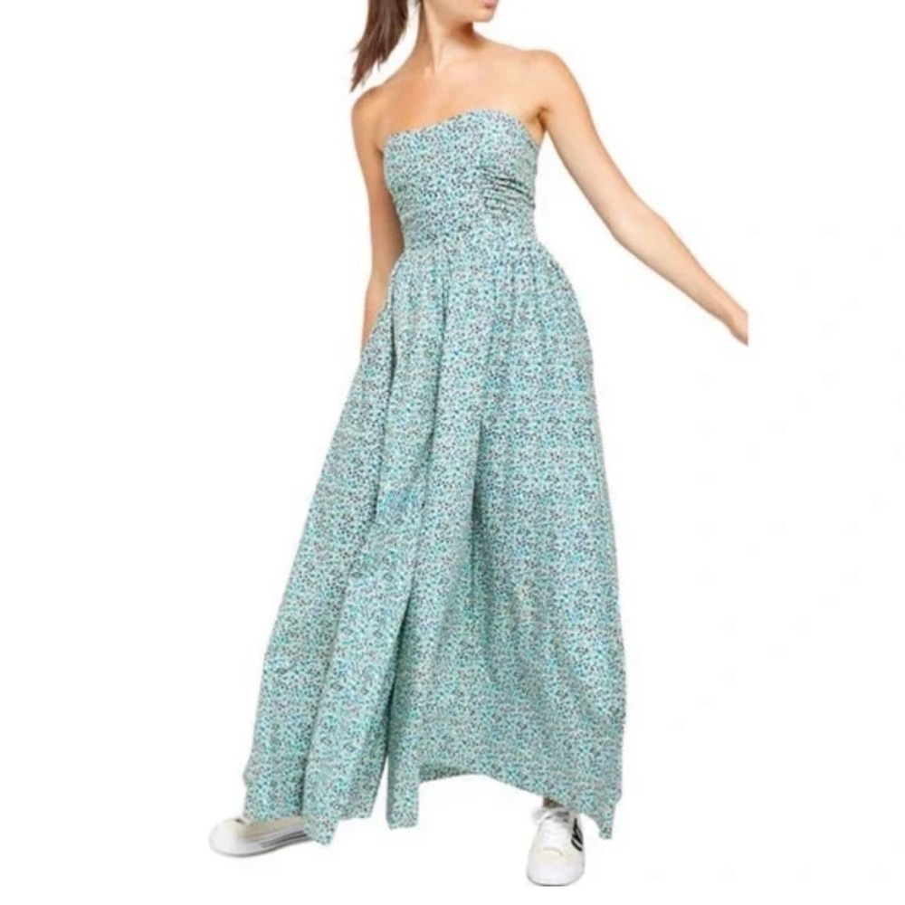 Free People Mustang Strapless Ruched Back Wide Leg Jumpsuit In Tea Combo Size M